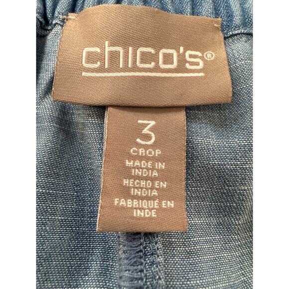 Chico's Chambray Pull-On Crop Pants Stretch Back Waist Front Pockets Flowy - Picture 5 of 9